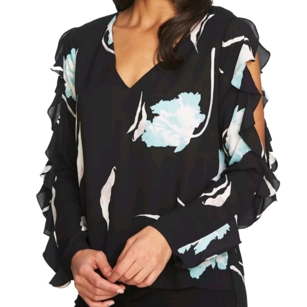 1. State Black Floral Ruffle Long Sleeve Top